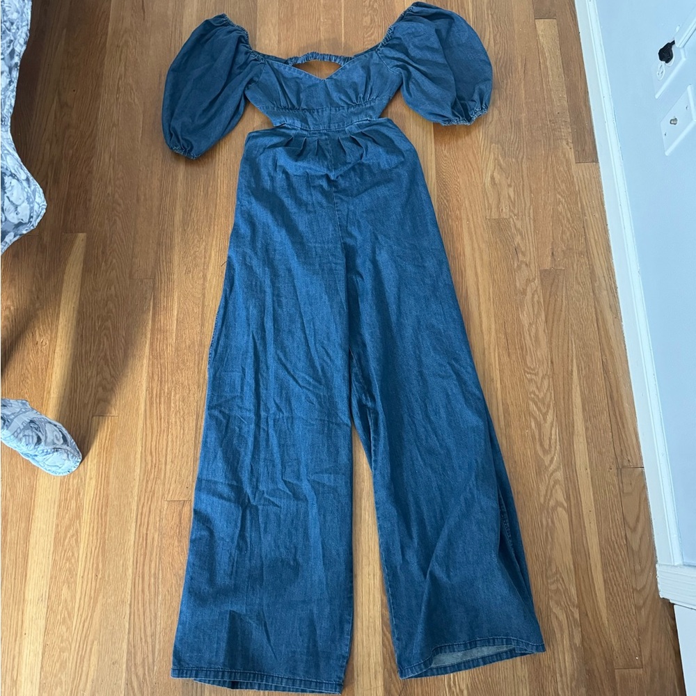 DENIM CUTOUT WIDE-LEG JUMPSUIT